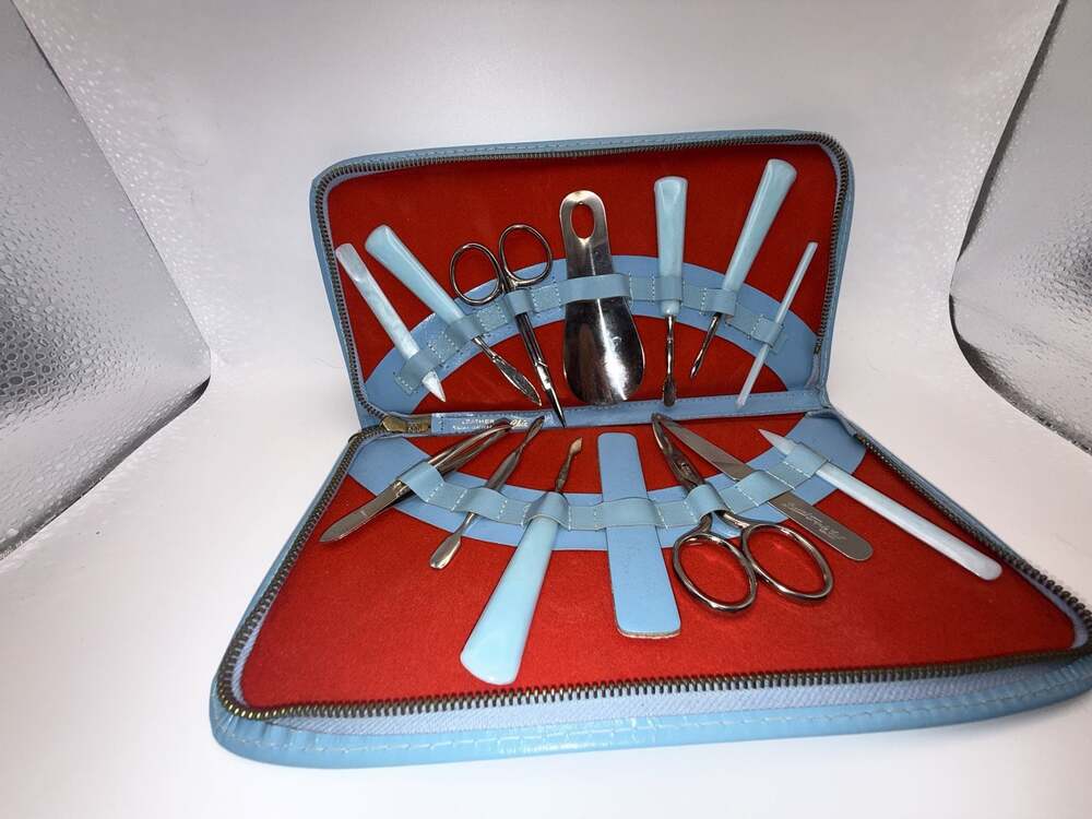 Vintage Chic West Germany Leather Manicure Kit in Blue Zippered Case